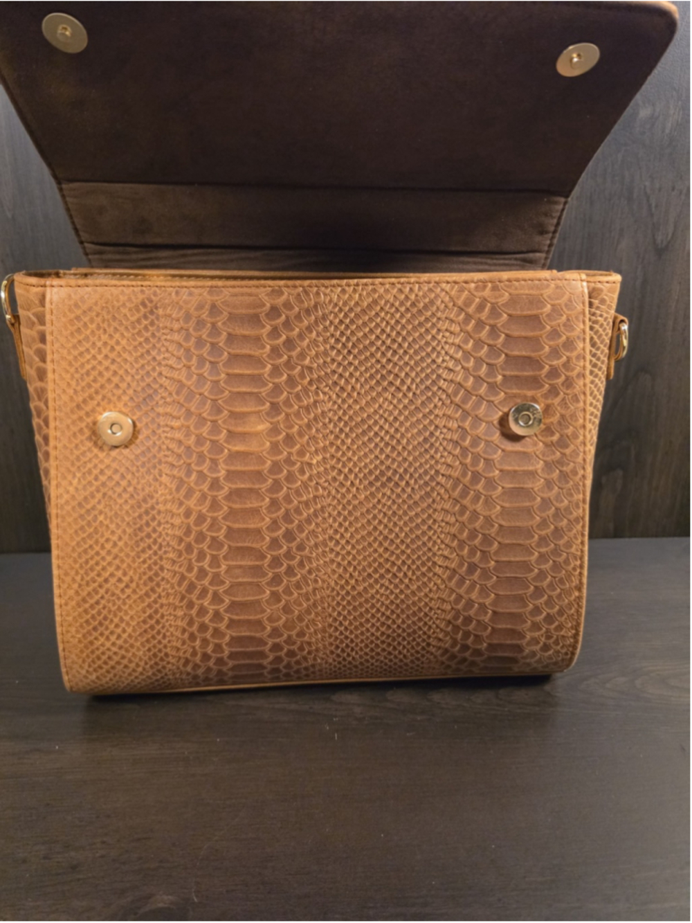 Bow Cognac Brown Snake Skin Embossed Tooled Artisan Cowhide LEATHER Bag Purse - Picture 9 of 16